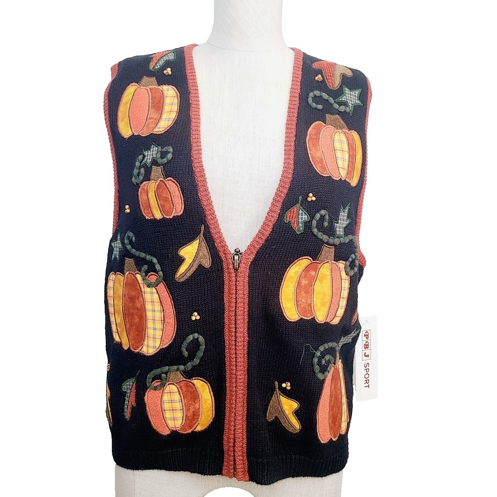 NEW Vintage PBJ Sport Sweater Vest M Black Orange Fall Pumpkin Applique Full Zip